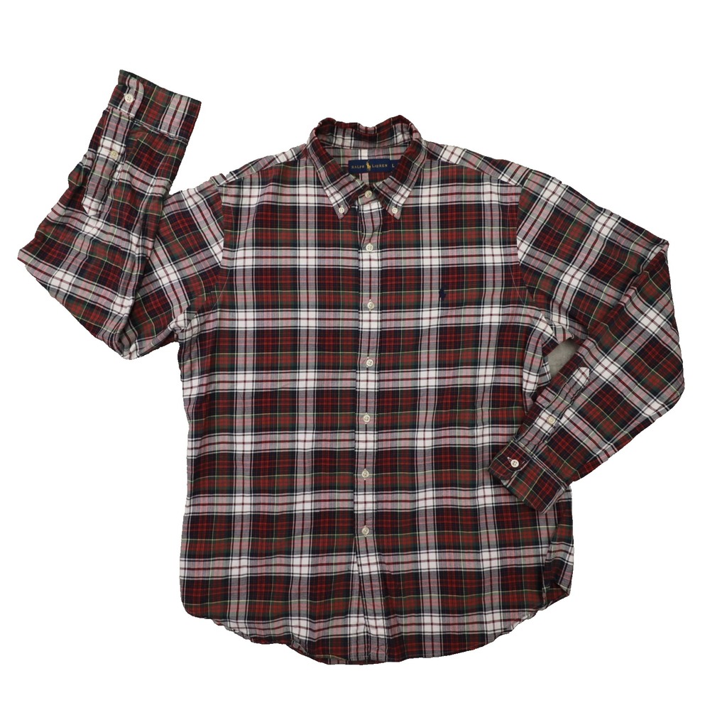 Ralph Lauren Red White‎ Green Tartan Plaid Button Up Shirt Men's Size Large